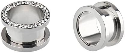 Yunsion Stainless Steel Clear Rhinestone Gem Crystal Rim Screw Fit Ear Tunnel Plug Gauges Stretcher Body Jewelry 1 Pair 6mm=2g