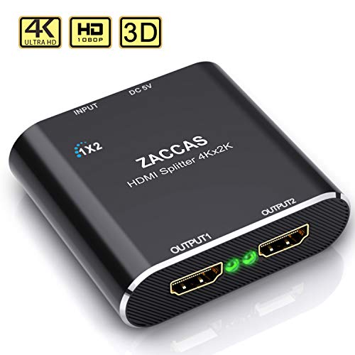 HDMI Splitter 1 in 2 Out -ZACCAS Aluminum 4k HDMI Splitter 2 x 1/1 x 2 for Dual Duplicate Monitors Support 3D 4K@30HZ Full HD 1080P for Xbox PS4 Blu-Ray Player HDTV
