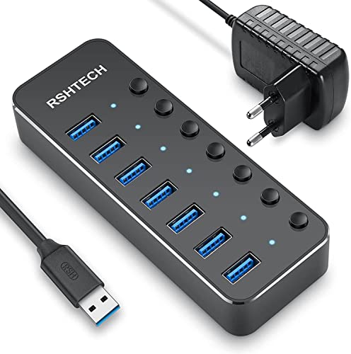 USB Powered Hub, RSHTECH Aluminium USB Hub 3.0 with 7 Ports USB 3.0 Multi-Socket with 5V/2A External Power Supply, Multi Port Hub, 5Gbps, Individual Switches and LED Indicator-Black (RSH-518)