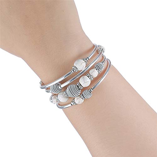 Pearl&Club Beaded Chakra Bangle Turquoise Bracelet - Fashion Jewelry Wrap Bracelet with Thick Silver Metal and Mala Beads, Birthday Gifts For Women (White Turquoise) - Thumbnail 2
