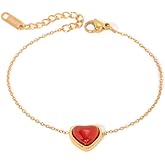 OIDIMS Simulated Red Agate Heart Shaped Bracelet Tiny Love Promise Exquisite 18k Gold-Tone Stainless Steel Chain Hypoallergenic Stackable Bracelet Valentine's Day Anniversary Jewelry Gift for Women