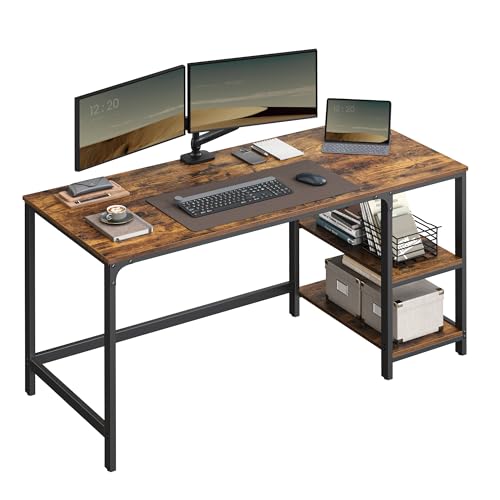 VASAGLE ALINRU Computer Desk, 55.1-Inch Wide Home Office Desk for Study, Writing Desk with 2 Shelves on Left or Right, Steel Frame, Industrial, Rustic Brown and Black ULWD55X