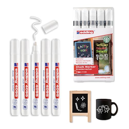 edding 4095 Chalk Marker Pen Set - White - 5 Chalk Pens - Round Tip 2-3 mm - Medium-Tipped Wet Wipe Pen for Chalkboards, Windows, Glass, Mirrors - Liquid Chalk Marker Pens for Opaque Coverage