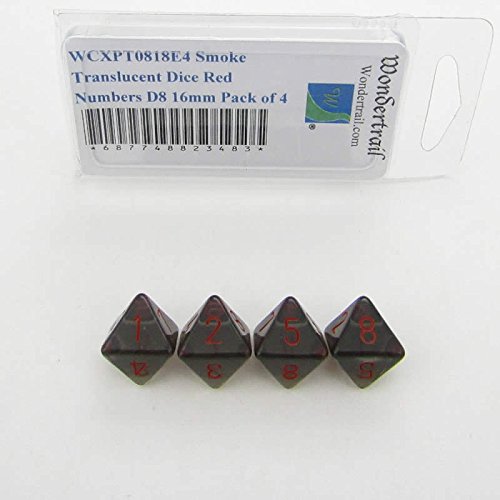 Smoke Translucent Dice with Red Numbers D8 Aprox 16mm (5/8in) Pack of 4 Wondertrail