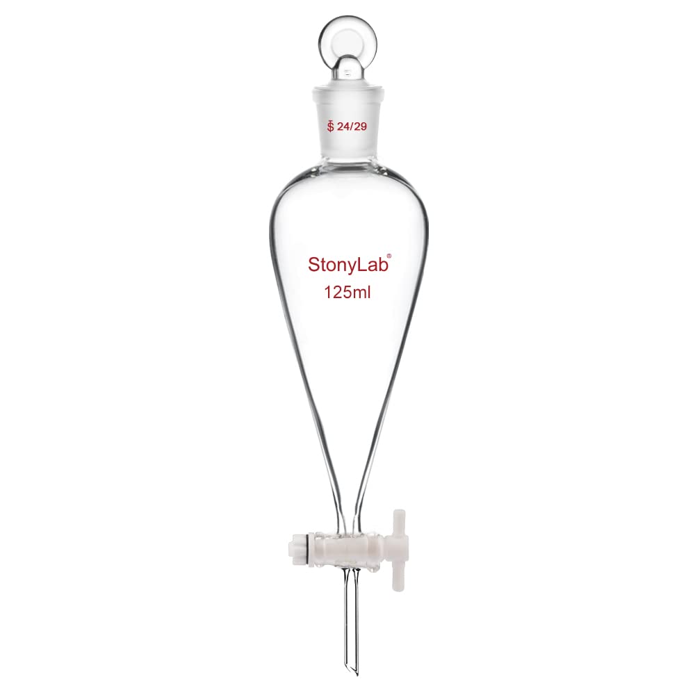 StonyLab 125 ml Borosilicate Glass Conical Pear-Shaped Separatory Funnel with PTFE Stopcock 24/29 Joint
