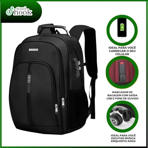 Mochila para Notebook até 17 Polegadas, Antifurto, Impermeável, com Saídas USB e Fone, para Escola, Faculdade, Trabalho ou Viagem - Preta