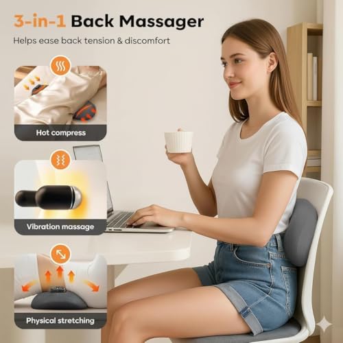 KAYAXIM Rechargeable Back Massager with Heat, 3-in-1 Lumbar & Spine Support Massage Pillow with Traction Design, Cordless Portable Lower Back Relaxation Cushion for Home Office (Grey)