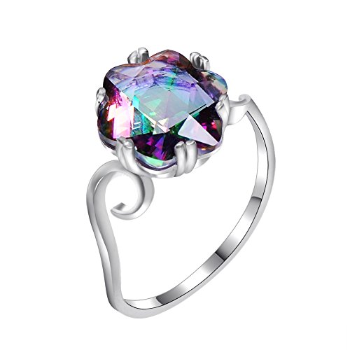 925 Sterling Silver Top Mystic Rainbow Stone Ring ,Simple and Delicate Female Many Occasions Rings Gifts (Silver Size 7)