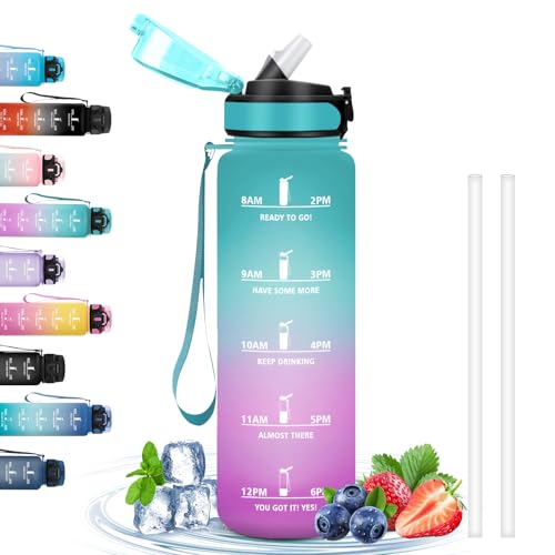 1 Litro, Gimnasio con Pajita, Motivacional, Cantimplora con Marca de Tiempo, Botella Gym, Botella de Agua para Gimnasio, Yoga, Outdoor, Senderismo