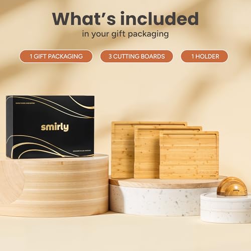 SMIRLY Bamboo Cutting Boards for Kitchen - Wood Cutting Board for Meal Prep, Serving, Charcuterie - Kitchen Gadgets, House Warming Gifts - Wooden Chopping Board Set of 3 with Holder - Natural Bamboo