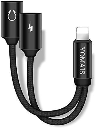 Braided Lightning Adapter, Yomais 2 in 1 Dual Lightning Headphone Audio Splitter &amp; Nylon Braided Charger Cable Audio Adapter for iPhone 7 7 Plus 8 8Plus with Calling Function Music Control (Black)