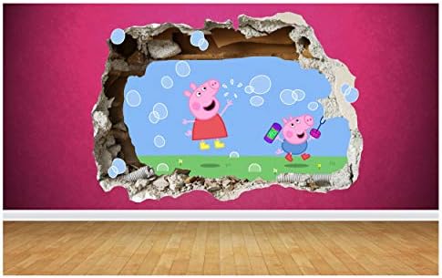 Peppa Pig 3D Style Smashed Wall Sticker Kids Childrens Bedroom Vinyl Art ((Small: 50cm x 36cm)