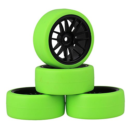 Mxfans Black Plastic 14 Spoke Wheel Rims and Green Drift Smooth Tyres for RC 1:10 On Road Racing Car Set of 4