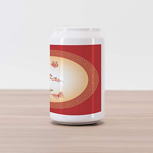 Lunarable Nature Cola Can Shape Piggy Bank, Oriental Cherry Blossom Butterflies in Circle Frame Ornamental Arrangement Japan, Ceramic Cola Shaped Coin Box Money Bank for Cash Saving, Coral Peach
