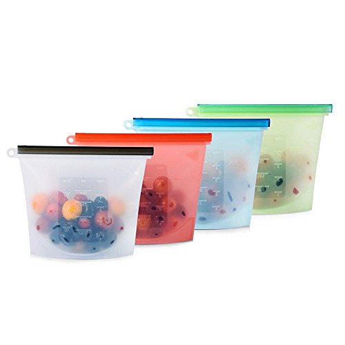 Reusable Silicone Food Storage Bags with Cleaning Scrubber Sponge - Fits Instant Pot, Accessories 8qt - Safe to Steam, Heat, Boil, Freeze, Sous Vide Cooking - Airtight Lunch Snack Container - Set 4+1
