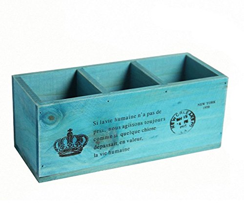 3 Compartment Vintage Wood Desktop Office Supply Caddy / Pen Pencil Holder / TV Remote control Holder/ Desk Organizer Blue