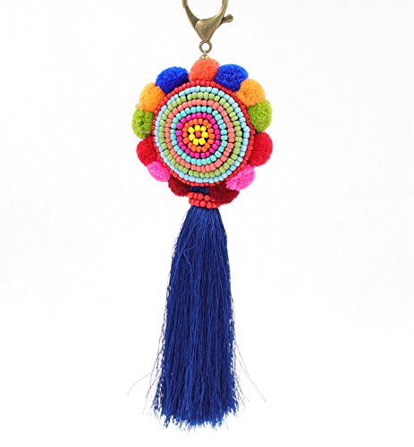 QTMY Big Pom Pom Beads Tassel Long Bag Pendant Charm Keyring Keychain for Women Purse Handbag Decor