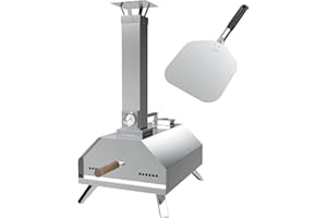 IULULU Outdoor Pizza Oven + Peel Stainless Steel Portable Wood Pellet PizzaOvens with 11-Inch Cordierite PizzaBaking Stone & Foldable Legs for Home-Make Bakery Party Gathering, Silver