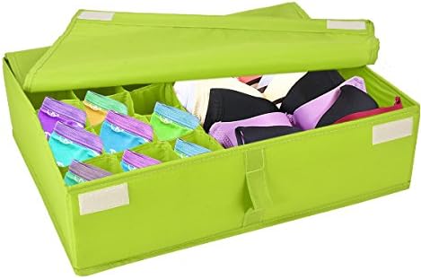 Begost Storage Bins Foldable Underwear Organizer Storage Box Washable Multi-functional Drawer Dividers 2 in 1 Closet Divider Storage Box with Cover for Underwear Socks Ties Bra and Bins,Green