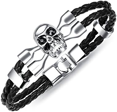 JC Fashion Jewelry Unisex Leather Bracelet Stainless Steel Charm Skull Braided Wrap Bangle Black/Brown/White 7.5'' (Black&amp;Silvery)