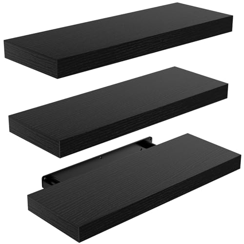 AMADA HOMEFURNISHING Floating Wall Shelves, Wall Shelves for Bathroom/Living Room/Bedroom/Kitchen, Set of 3 Black Wall Shelves with Invisible Brackets - AMFS07