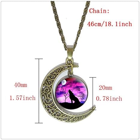 Wolf Glass Cabochon Pendant Necklace Vintage Bronze Hollow Half Moon Charm Chain Necklace