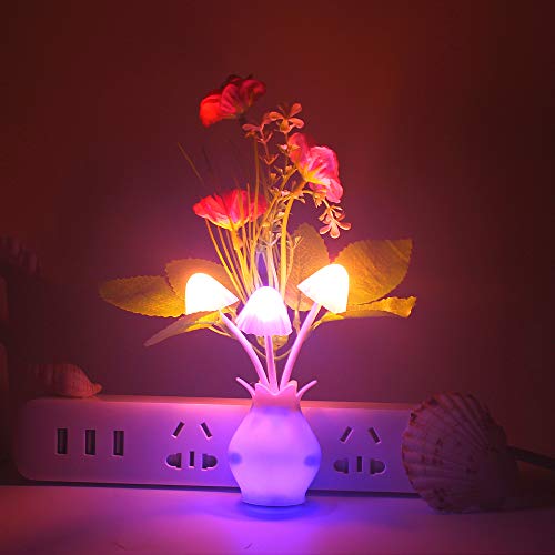 Warmstor 2 PCS Jasmine Flower Plug In 7-Color Changing Dusk to Dawn LED Mushroom Night Light Wall Light (Pink & Purple) - Thumbnail 4