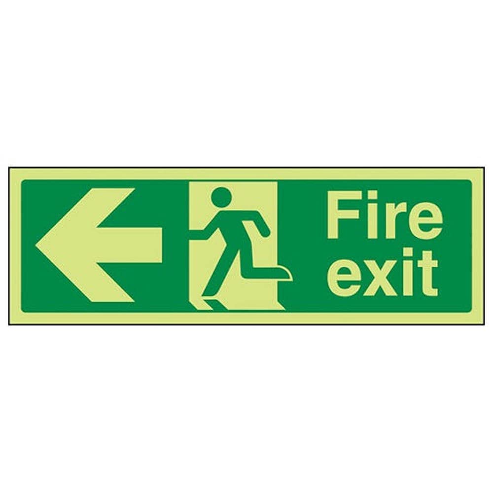 V Safety Glow In The Dark Fire Exit Arrow Left Sign - 600mm x 200mm - Self Adhesive Vinyl