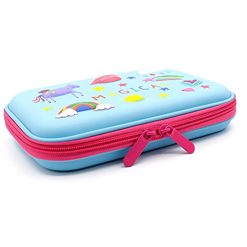 3D Rainbow Unicorn Embossed Hardtop Pencil Case - School Girls Large Colored Pen Holder Box With Compartments - Kids Cute Cosmetic Pouch Bag Stationery Organizer(Light Blue) - Thumbnail 2