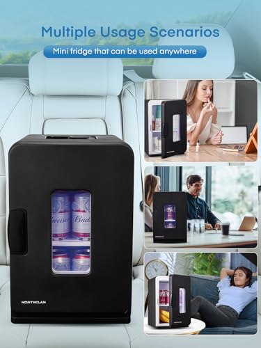 NORTHCLAN Mini Fridge 15 L / 21 Cans for Bedroom | 2 in 1 Small Fridge for Car, 12 V/220 V Portable Drinks Fridge with Cooling and Heating Function, ≤38 dB Eco Mode Quiet