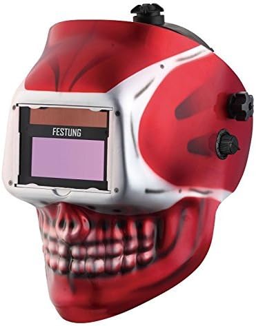 FESTUNG Auto-Darkening Welding Helmet Solar -powered Mask Eye Protection Equipment Battery Replacement Skull-shaped red