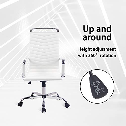 Elecwish Adjustable Office Executive Chair, High Back Tall Ribbed, Pu Leather, Wheels Arm Rest Computer, Chrome Base, Home Furniture, Conference Room Reception White