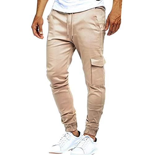 Fashion Casual Pants Mens Slim Pure Color Bandage Sweatpants Drawstring Pants Khaki - Thumbnail 5