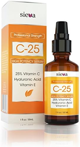 Vitamin C Serum for face 25% - Moisturizer - Vitamin C + E + Hyaluronic Acid Serum. Ultimate Anti Aging Anti Wrinkle Serum Help Combat Wrinkles, Fine Lines, Dark Circles, Age Spots, and Boost Collagen (1 oz) - High Potency Serum - By Sieva Skincare