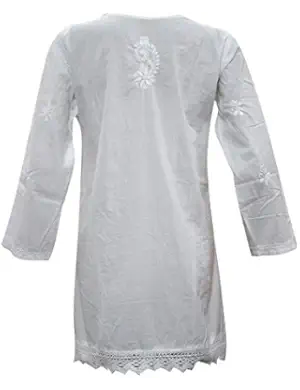 Women's White Blouse Handmade Cotton 'Floral Fantasy' Indian Tunic Kurti