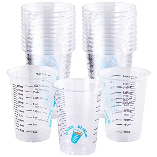 Pack of 25 Disposable Graduated Clear Plastic Measuring Cups - Transparent Containers for Mixing Paint, Epoxy, Resin - Sturdy Kitchen and Baking Accessories with Accurate Measurements