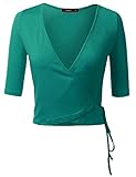Doublju Deep V-Neck Fitted Surplice Wrap Crop Top (Plus size available) PEACOCKGREEN MEDIUM