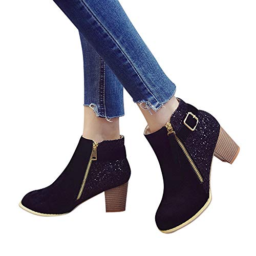 Londony â™¥â€¿â™¥ Womens Suede Ankle Boots Faux Leather Wood Stacked Heel Glitter Fashion Zipper Up Booties