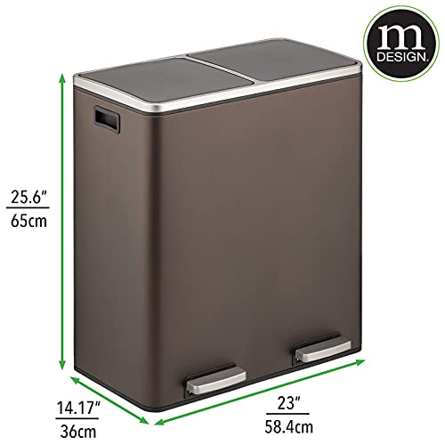 mDesign Metal Steel 16 Gallon/60L, Large Dual Compartment Step Trash