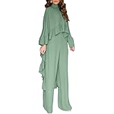 CHICME 2 Pieces Outfits for Women High-Low Ruffles Hem Cape Top and Casual Wide Leg Pants Travel Matching Sets