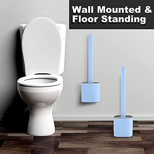 Onlyesh Silicone Toilet Brush with Holder, Wall Mounted Toilet Brush Set with Drain Pad & Extra Hook, Deep Cleaner Toilet Brushes with No-Slip Plastic Handle, for Bathroom Toilet (Blue)