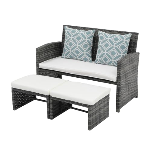 OC Orange-Casual Outdoor Loveseat, 3-TLG Terrassenmöbel-Set, Allwetter Rattan Gartenbank mit 2 Hocker, Grau Rattan&Weiß Kissen
