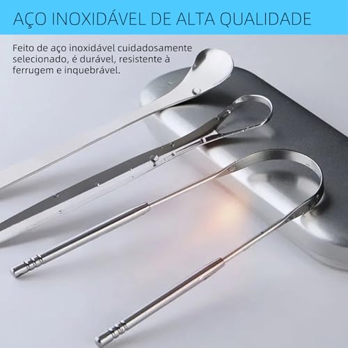 Raspador de Lingua, GODREAM Limpador de Lingua Inox com Estojo, Kit 5 Higiene Bucal, Limpeza Bucal Profunda, Elimina Mau Hálito, Remove Saburra, Lavável e Reutilizável, Essencial para Casa e Viagens