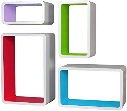 SLS Vision. Set of 4 Large Floating Decorative Round Corner Rectangular White, Red, Green, Blue and Purple Wall Shelves. WM01