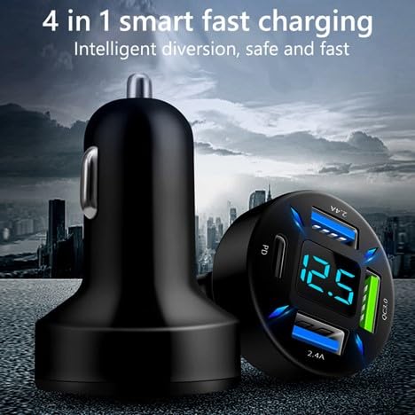 RDRKR 66W 4-PORT CAR CHARGER – PD & QC 3.0 FAST CHARGING CIGARETTE LIGHTER ADAPTER, DUAL TYPE-C + DUAL TYPE-A PORTS COMPATIBLE WITH IPHONE, ANDROID & TABLETS
