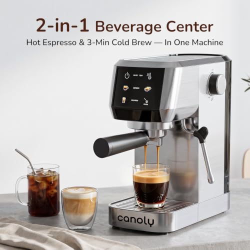 Canoly 2-in-1 Espresso Machine & Cold Brew Maker, 20-Bar Pressure, Touchscreen, Steam Frother for Cappuccino & Latte, Compact Home Barista Coffee Machine