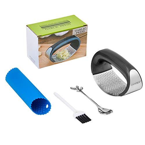 Garlic Press Rocker, Stainless Steel Garlic Mincer with Peeler Set