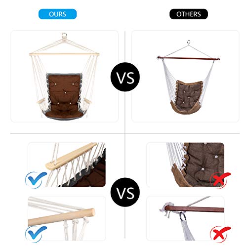 Hanging Rope Hammock Chair with Wooden Handrail, Large Hammock Porch Swing Seat, Cotton Rope Porch Chair for Indoor, Outdoor, Garden, Patio, Porch, Yard - Thumbnail 3