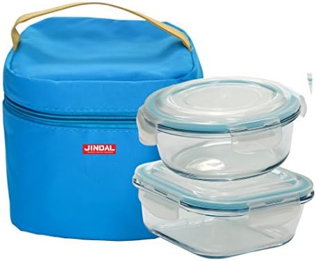 Jindal Microwavable Borosilicate Glass 650ml Round &amp; 800ml Square Containers Set Of 2 With Plastic Lids &amp; Lunch Bag