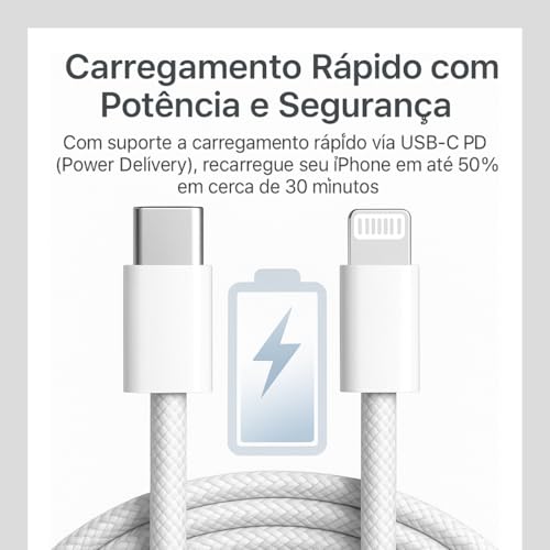 Cabo Turbo para Carregador Compatível i.Phone SE X Xr 11 12 13 14, Acabamento Premium, Reforçado c/Nylon, Carregamento 30W Ultra Rápido e Transferencia de Dados. (2 Metros de Comprimento)